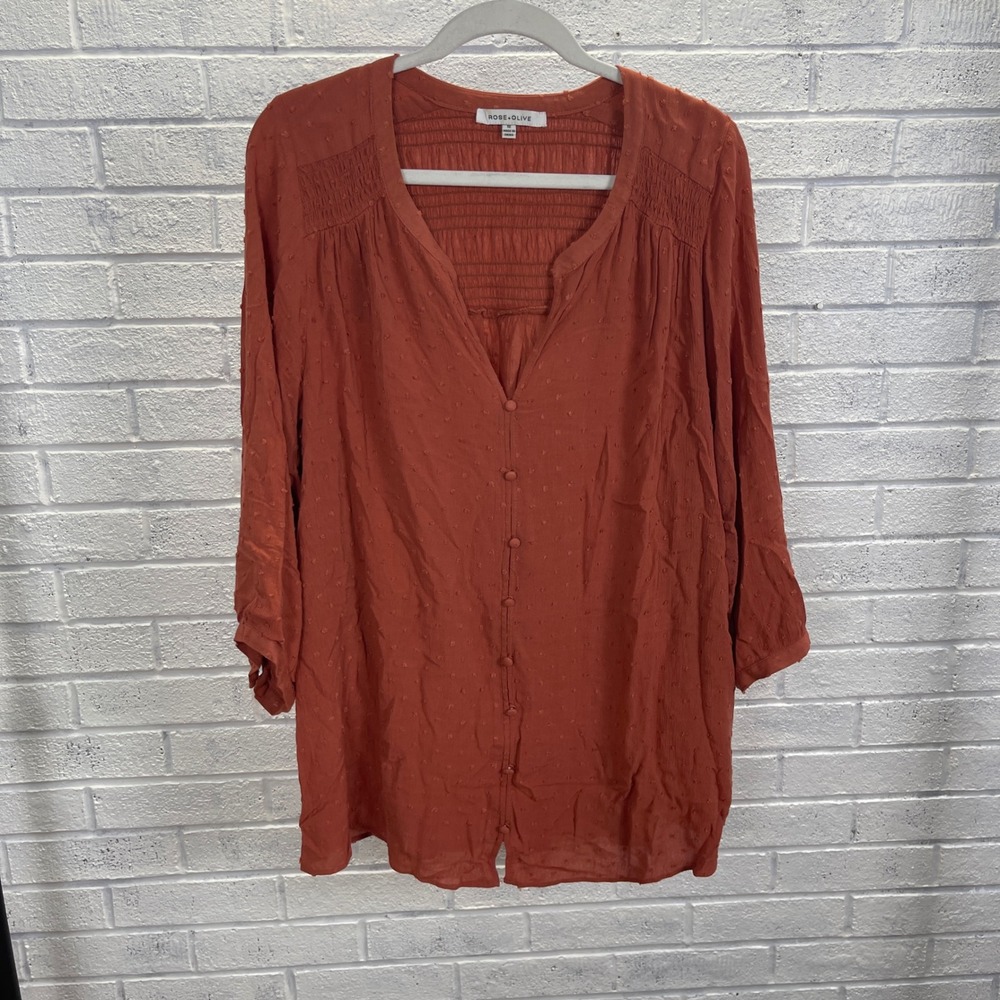 Rose & Olive Rust Orange Swiss Dot Smocked V‎ Neck Button Up Top Womens 1X Boho